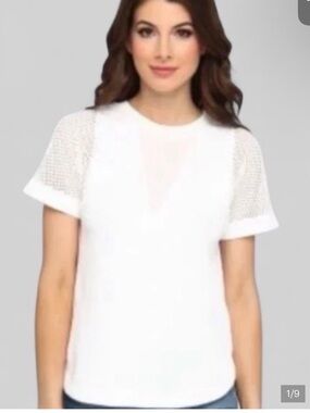 REBECCA TAYLOR!!White Short-Sleeve Knit Crewneck Top w detail! S